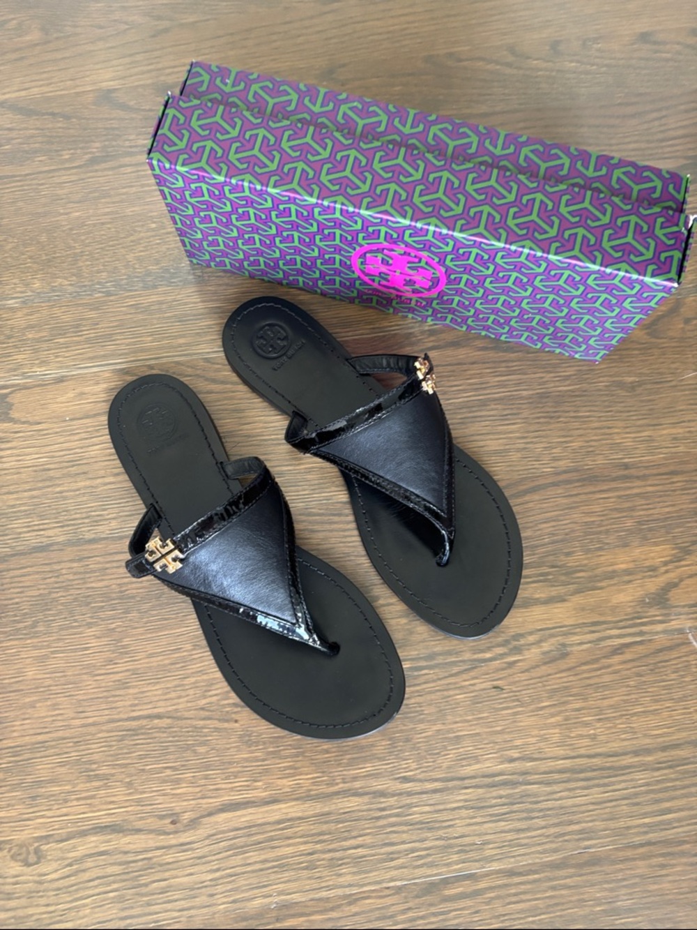 Tory Burch Black Patent Leather Logo Thong Sandals